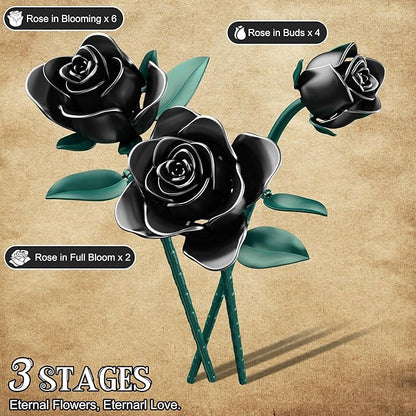 Black Roses Bouquet Building Set, 634Pcs Artificial Rose with 3 Blooming Stages, DIY Floral Home Office Decor for Adults & Kids Ages 6+, Gift for Birthday Valentine's Day Halloween Christmas
