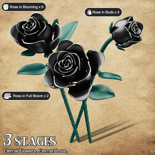 Black Roses Bouquet Building Set, 634Pcs Artificial Rose with 3 Blooming Stages, DIY Floral Home Office Decor for Adults & Kids Ages 6+, Gift for Birthday Valentine's Day Halloween Christmas