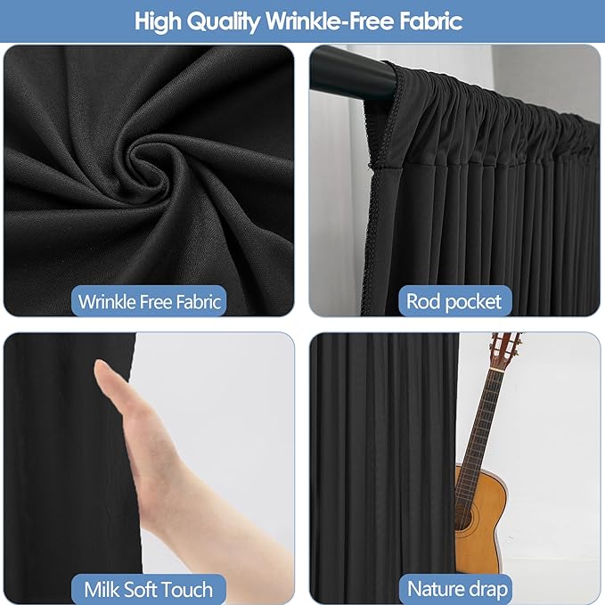 20x7ft Wrinkle Free Black Backdrop Curtain for Parties Soft Fabric Drapes Wedding Black Curtain Backdrop for Birthday Party Decorations Background for Photography 5x7ft, 4 Panels