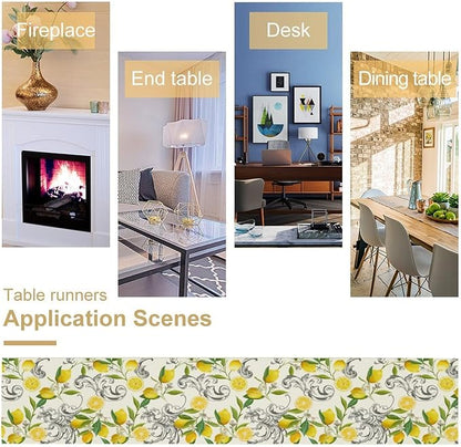 Lemon Table Runner , Summer Yellow Fruits Green Leaves Kitchen Dinning Table Decoration for Indoor Outdoor Home Party Decor 13"x60"