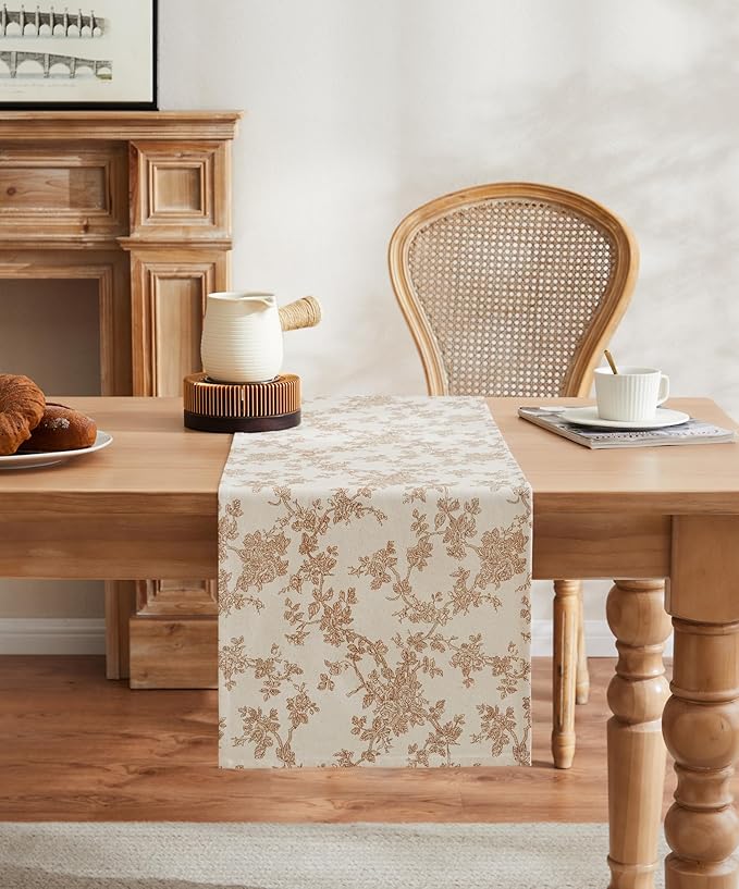 100% Cotton French Pastoral Table Runners, 13x36 Inch Brown Farmhouse Table Runners 36 Inches Long, Vintage Flowers Print Home Decors