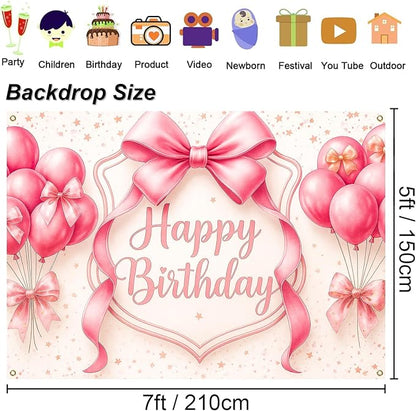 Happy Birthday Backdrop for Girls - 7x5ft Pink Bow Coquette Party Background, Photography Banner Decoration for Baby Toddler Kids First Birthday, Photo Booth Backdrop