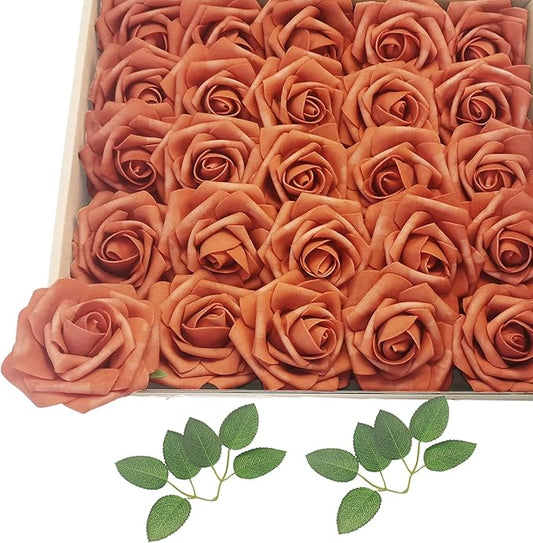 Artificial Rose Flowers 25pcs, Orange Foam Fake Rose Faux Flower for Wedding Bouquets Bridal Shower Centerpieces Floral Arrangements Home Decorations Party Backdrops Table
