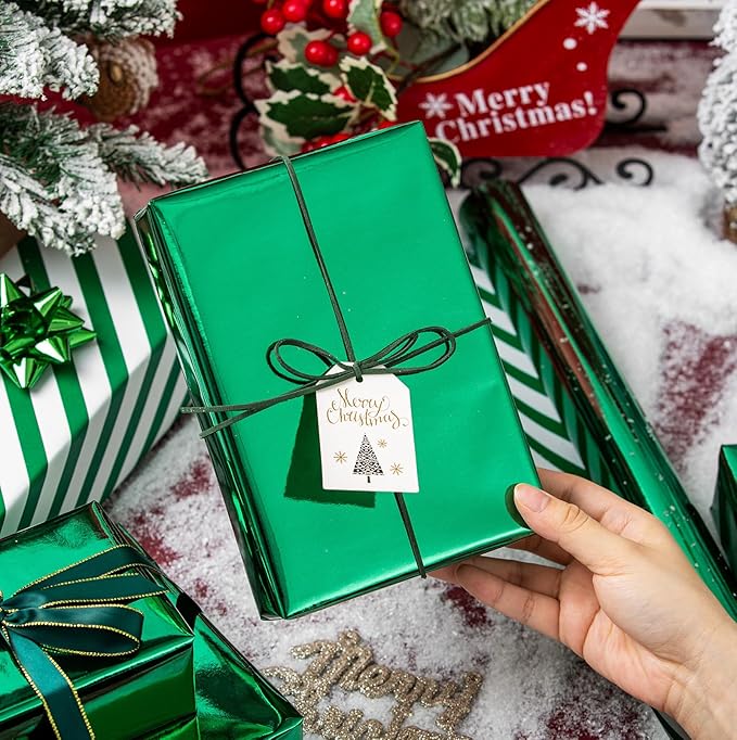 Merture Metallic Dark Green Wrapping Paper Roll - 17 In X 32.8 Ft(46.5 sq.ft.) with Stripe