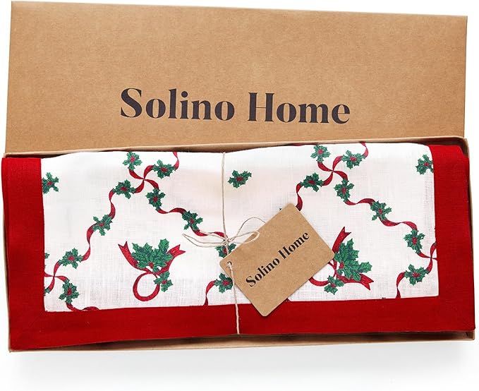 Solino Home 100% Pure Linen Christmas Table Runner 108 Inches Long - Red and Green Table Runner 14 x 108 Inch - Handcrafted and Machine Washable - Holly Ribbon Print
