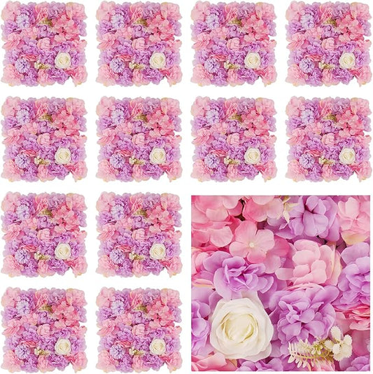 3D Flower Wall Backdrop - 12-Panel Set with Pink & Purple Roses for Home, Wedding, Party (15x15 inch)