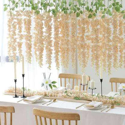 mizii 6Pcs Beige Wisteria Hanging Flowers 48" Silk Wisteria Artificial Flowers Garland Vines Fake Hanging Flowers Decoration for Wedding Flower Wall Backdrop Centerpieces Party Room Decor (Beige)