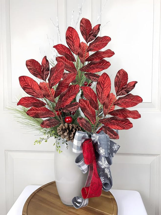 31" Burgundy Christmas Glitter Leaves Spray, Artificial Glitter Long Stems Christmas Tree Picks and Sprays Christmas Decoration Picks Xmas Tree Garland Wreath Autumn Winter Home