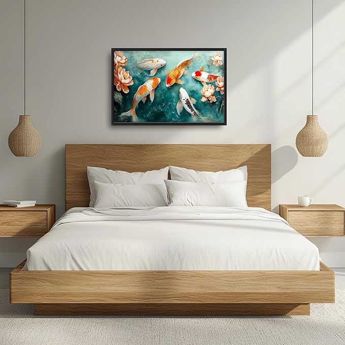 Carp Fish Large Wall Art Framed Japanese Wall Decor for Living Room Asian Fish Pictures Oversized Canvas Print Painting Modern Extra Large Framed Artwork for Bedroom Office Home Decor 36"x24"