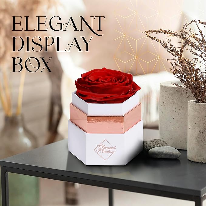 GLAMOUR BOUTIQUE Eternal Preserved Roses in a Box - Flowers Forever, Rose Forever in a Box for Wife, Birthday Gifts for Her, Single Rose, Red