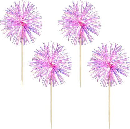 Gyufise 30Pcs Foil Firework Cupcake Toppers Sparkle Tinsel Cake Toppers Tinsel Drink Cake Decoration Cocktail Picks for Birthday Wedding Graduation Party Supplies Laser Rose Red
