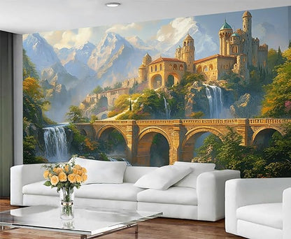 Fantasy Castle Wall Mural, Magical Waterfall Landscape 3D Wall Murals, Royal Palace Wallpaper Mural, for Living Room Bedroom Large Wallpaper Indoor Decor 197" W x124.8 H