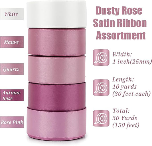Rose Pink Satin Ribbon Assortment - 5 Rolls, 50 Yards for Wedding, Baby Shower, Gift Wrapping, Crafts & Flower Bouquets