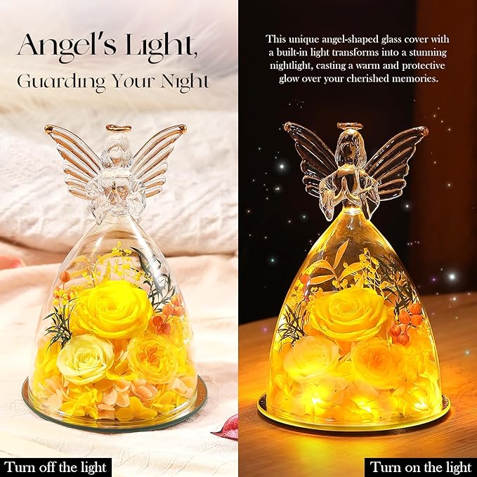 RoseValley Angel Roses Gifts for Mom,Preserved Real Flowers Roses in Glass Angel Figurines,Christmas Birthday Gifts for Grandma Women Mom Wife Mother in Law/Yellow
