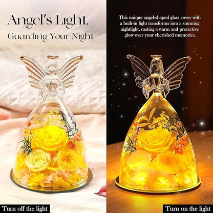 RoseValley Angel Roses Gifts for Mom,Preserved Real Flowers Roses in Glass Angel Figurines,Christmas Birthday Gifts for Grandma Women Mom Wife Mother in Law/Yellow