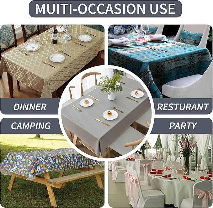 Rectangle Table Cloth,100% Waterproof Tablecloth Oil Proof Spill Proof Vinyl Table Cloth, Wipe Clean Plastic Table Cover for Dining, Camping, Indoor and Outdoor 52" x 70",Grey