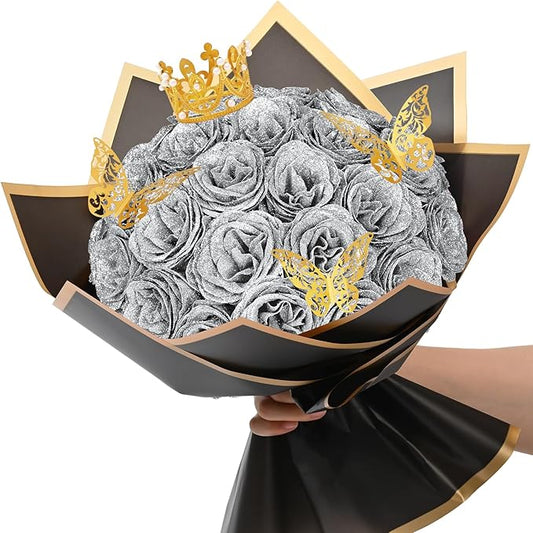 Waipfaru Glitter Roses Bouquet, DIY Fake Flowers Bouquet, Birthday Gifts for Women Mom, 24 Pcs Silver Rose for Grandma Wife Girlfriend Valentines, Mothers Day, Anniversary, Graduation