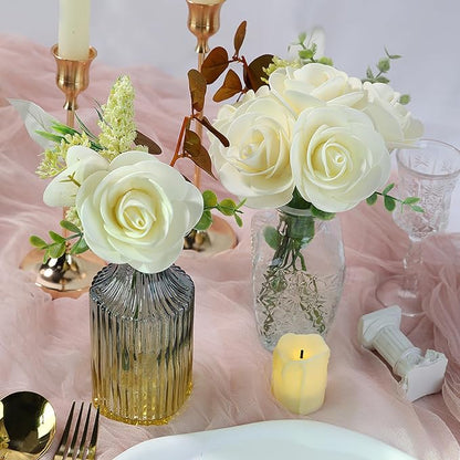 Meldel Artificial Flower 25pcs Real Touch Beige Rose Fake Foam Roses with Stems for DIY Wedding Bouquets Gifts Bridal Shower Faux Floral Centerpieces Arrangements Home Party Tables Decorations