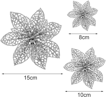 Boao Silver 24 Pieces Poinsettia Flower Christmas Glitter Artificial Poinsettia with Clips Christmas Tree Ornament Decorations for DIY Xmas Wreath Holiday Home Party Decor, 3/4/6 Inches