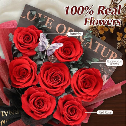 Casaido Preserved Flowers for Delivery, 7 Red Roses Bouquet, Birthday Gifts for Women, Christmas Rose Gifts for Mom Wife Girlfriend, Forever Real Flowers for Valentines Day Anniversary