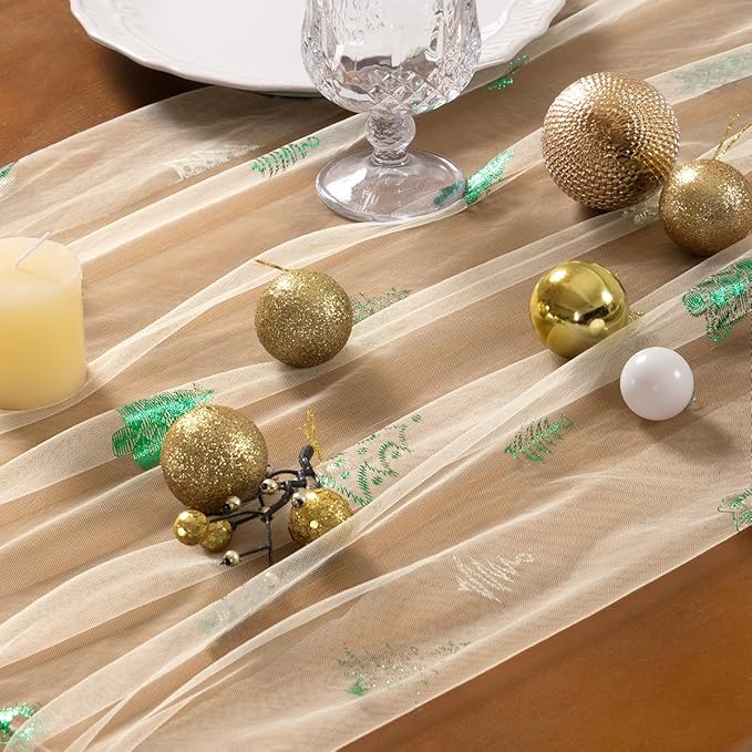 Socomi Christmas Tree Table Runner Gold Gauze Sheer Chiffon Cheesecloth Sequin 10FT Glitter Metallic Foil Dining Wedding Birthday Party Winter Holiday Centerpiece Table Decor Beige