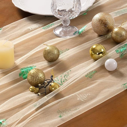 Socomi Christmas Tree Table Runner Gold Gauze Sheer Chiffon Cheesecloth Sequin 10FT Glitter Metallic Foil Dining Wedding Birthday Party Winter Holiday Centerpiece Table Decor Beige