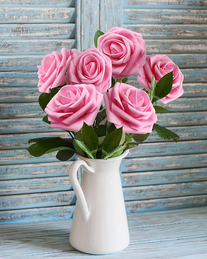 JOYLEX 100PCS Dark Pink Artificial Flowers Realistic Roses, Real Looking Fake Roses with Stem for DIY Wedding Bouquets Centerpieces Bridal Shower Party Home Romantic Decorations (Dark Pink, 100pcs)