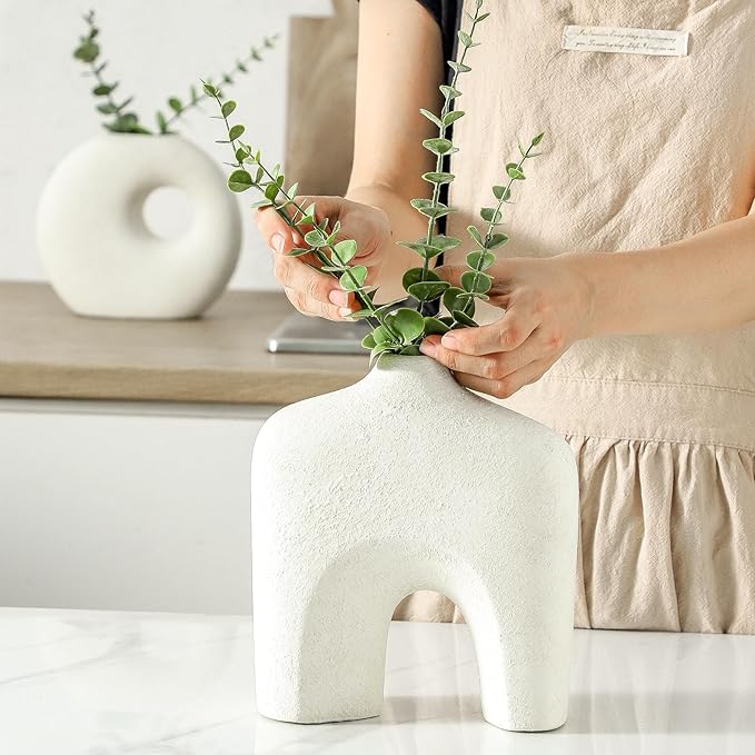 Ceramic Vase Set of 2, Modern Donut Vases for Minimalist Nordic Home Decor, Waterproof Round Vase, Decorative Centerpiece Vases for Living Room, Entryway, Bookshelf, Table Decor (Off White)