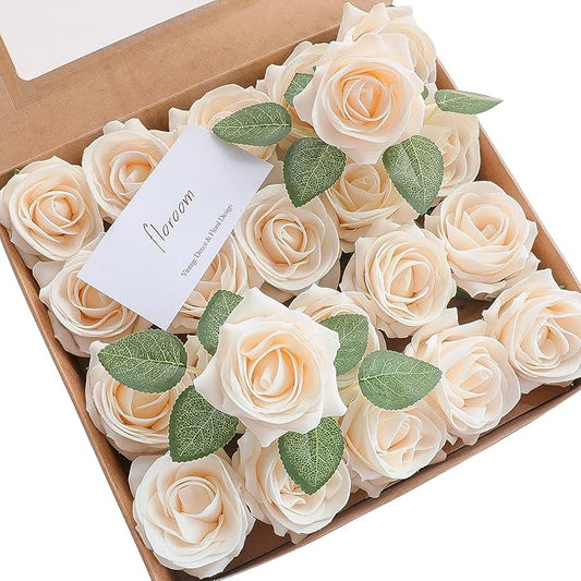 Floroom Artificial Flowers 20pcs Real Looking Cream High-Centered Foam Fake Roses with Stem for DIY Wedding Bouquets Bridal Shower Centerpieces Floral Arrangements Party Tables Home Decorations