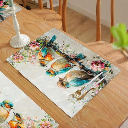 Botanical Birds Placemats Set of 6 Bird Pictures Farmhouse Rustic Flower Kitchen Mats Waterproof Washable Table Mats for Kitchen Dining Decoration 6 PCS