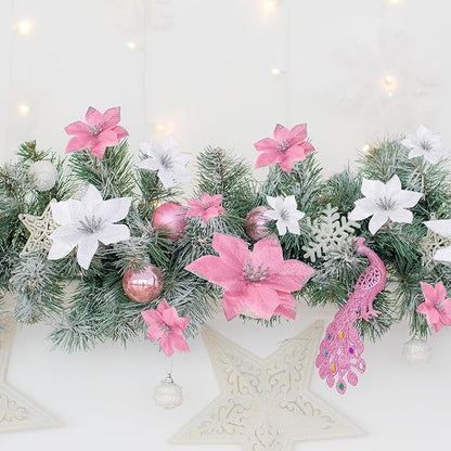WILLBOND 24 Pcs 3 Size Poinsettia Flower Artificial Christmas Decor Glitter Poinsettia Christmas Ornaments Faux Flowers for Xmas Tree Outdoor(3.2/4/6 Inches,Pink and Silver)
