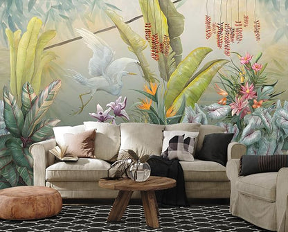 Hand-Painted Colorful Leaves Wall Mural, White Cranes Playful Leaves Wallpaper, Wall Decorations（Non-self-Adhesive）