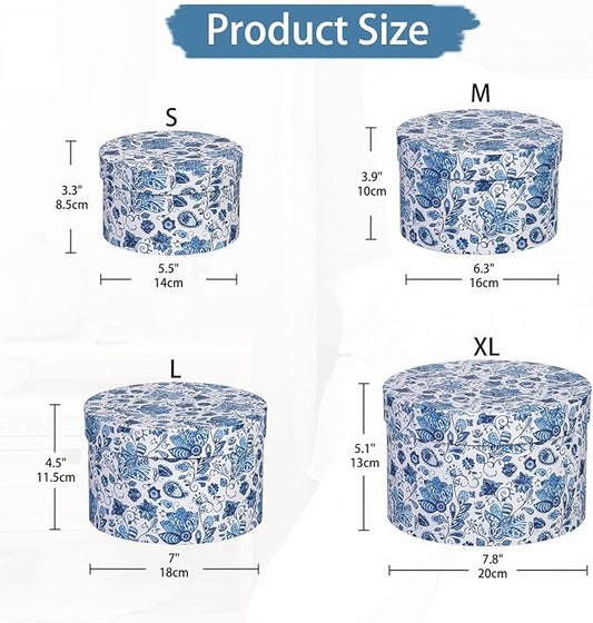 Briful Round Gift Boxes with Lids 4PCS Blue Flower Print Gift Box for Presents Nesting Assorted Sizes Present Boxes for Christmas Birthday Valentines Party Gift Wrap