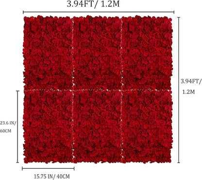 BLOSMON Flower Wall Backdrop Red - 6 Pcs 24 x 16 Inch Artificial Hydrangea Floral Panels for Wedding Party Baby Bridal Shower Decor - Fake 3D Silk Flower Backdrop Decoration