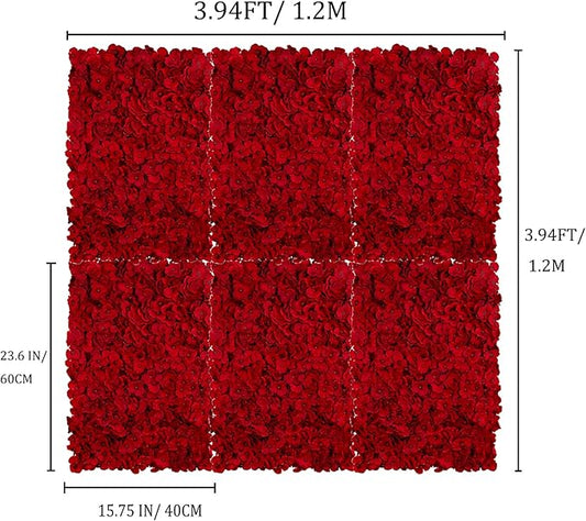 BLOSMON Flower Wall Backdrop Red - 6 Pcs 24 x 16 Inch Artificial Hydrangea Floral Panels for Wedding Party Baby Bridal Shower Decor - Fake 3D Silk Flower Backdrop Decoration