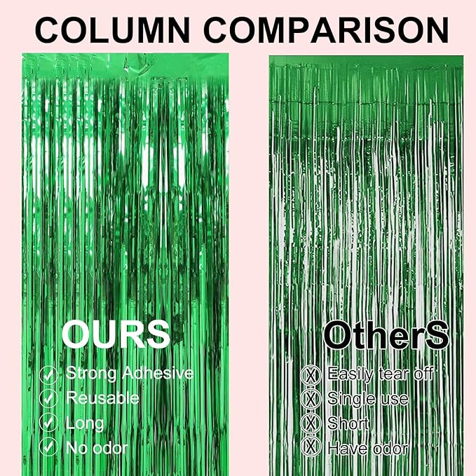 2 Pack 3.28 ft x 6.56 ft Green Tinsel Curtain Party Backdrop Decorations, Metallic Foil Fringe Backdrop Door for Halloween, Christmas, Birthday Graduation Wedding Party Streamers Photo Backdrop.