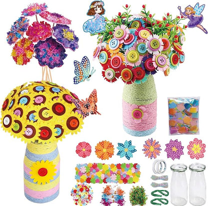 Mostop DIY Flower Crafts Kit for Kids Ages 6-10, DIY Flower Bouquet Craft Kit with Buttons, Felt Flowers and 2 Vase, Poke in Arts and Crafts Birthday Gift for Gilrs Age 6-8 8-10, Flower Making Kit