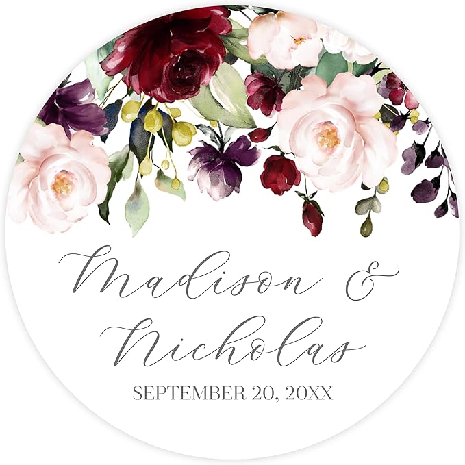 Personalized Floral Wedding Stickers with Your Choice of 30 Flower Styles - Choose Font and One of Five Pre-made Phrases or Add Custom Text (017 - Burgundy and Pink Flowers)
