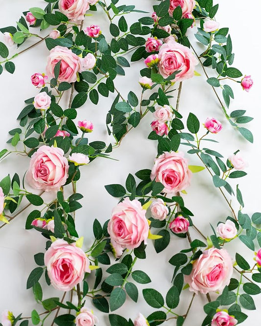 6FT Bendable Flower Garland, Artificial Rose Vine Hanging Floral Garland Decoration for Weding Home Room Wall Decor (Pink, 2pcs)