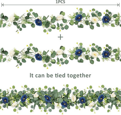 TOCHGREEN 2 Pack 13Ft Artificial Eucalyptus Flower Garland with White and Blue Roses, Fake Rose Flower Greenery Garland Floral Vines for Wedding Home Party Table Runner Decor (Blue White, 2PCS)