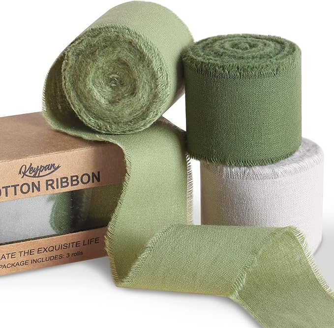 Keypan Green Ribbon 1-1/2 x 15 Yards Handmade Cotton Frayed Fringe Fabric Ribbons for Crafts Flower Bouquets Wedding Baby Shower Home DIY Decor