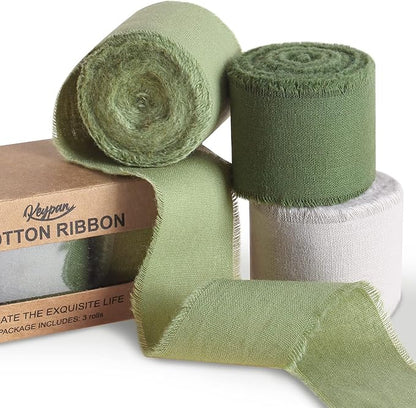 Keypan Green Ribbon 1-1/2 x 15 Yards Handmade Cotton Frayed Fringe Fabric Ribbons for Crafts Flower Bouquets Wedding Baby Shower Home DIY Decor