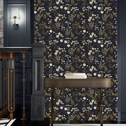 Dark Floral Wallpaper Peel and Stick 17.5in x 393in Navy Gold Leaf Wallpaper Vinyl Waterproof Self-Adhesive Boho Botanical Wall Paper Black Decor for Bathroom Bookcase Bedroom Cabinet