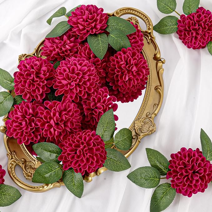 Artificial Flowers, 50pcs Artificial Rose for DIY Wedding Bouquets Centerpieces Arrangements, Hot Pink Dahlia Flowers with Stems for Bridal Shower Party Decoration