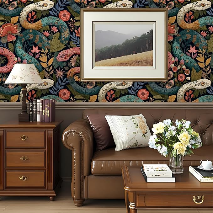 Floral Peel and Stick Modern Animal Contact Paper Whimsical Snake Removable Botanical Leaf Wallpaper 17.7" x 118.11" Wall Paper Watercolor Self Adhesive for Classroom Bedroom laundry room bathroom