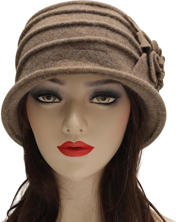 ZLYC Women Wool Cloche Bucket Hat 1920s Vintage Dress Winter Hats with Flower Accent