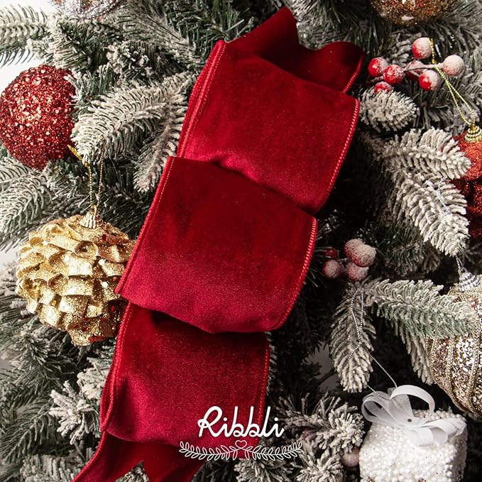 Ribbli Red Velvet Wired Ribbon 4 Inch Velvet with Satin Christmas Ribbon for Gift Wrapping Christmas Tree Decoration Crafts Wreaths Supplies-Continuous 10 Yards