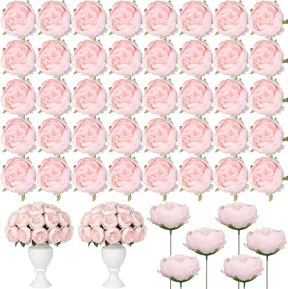50 Pcs Artificial Peony Flower Bulk 3.5 Inch Silk Peony Flowers Heads with Stems Realistic Fake Roses for DIY Wedding Party Craft Bridal Bouquets Table Centerpieces Vase Home Decor(Pink)