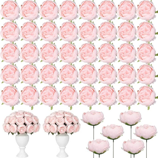 50 Pcs Artificial Peony Flower Bulk 3.5 Inch Silk Peony Flowers Heads with Stems Realistic Fake Roses for DIY Wedding Party Craft Bridal Bouquets Table Centerpieces Vase Home Decor(Pink)