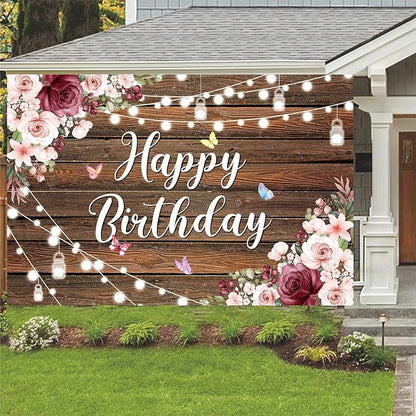YinQin 180x120 cm Rustic Wood Flower Birthday Backdrops Photo Cloth 71x47 inch Happy Bday Photography Backgrounds Wooden Floral Butterfly Happy Birthday Sign Banner Decoration for Women Girl
